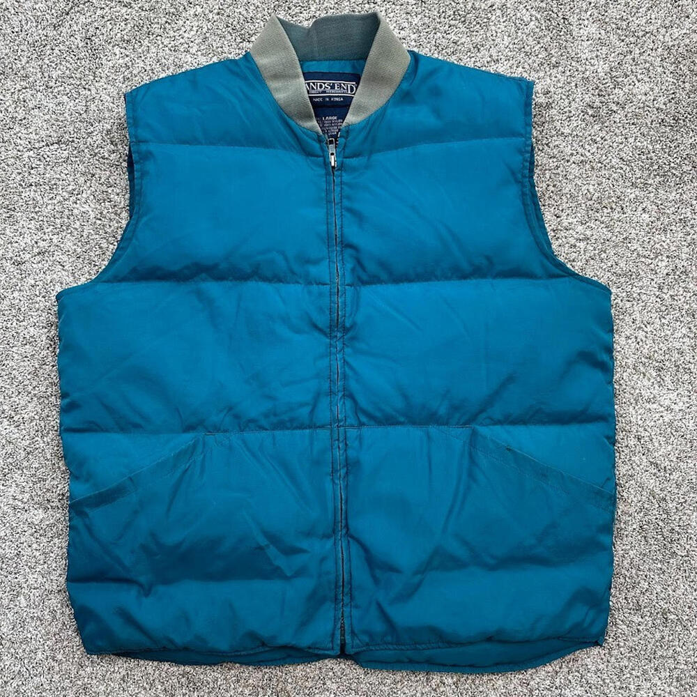 Vintage 90s Lands End Goose Down Puffer Vest Blue Large Pockets Men's Korea Made